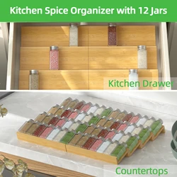 Bamboo spice rack drawer storage box 10 spice storage cans organizer drawer rack plugin 8-piece set 126 labels