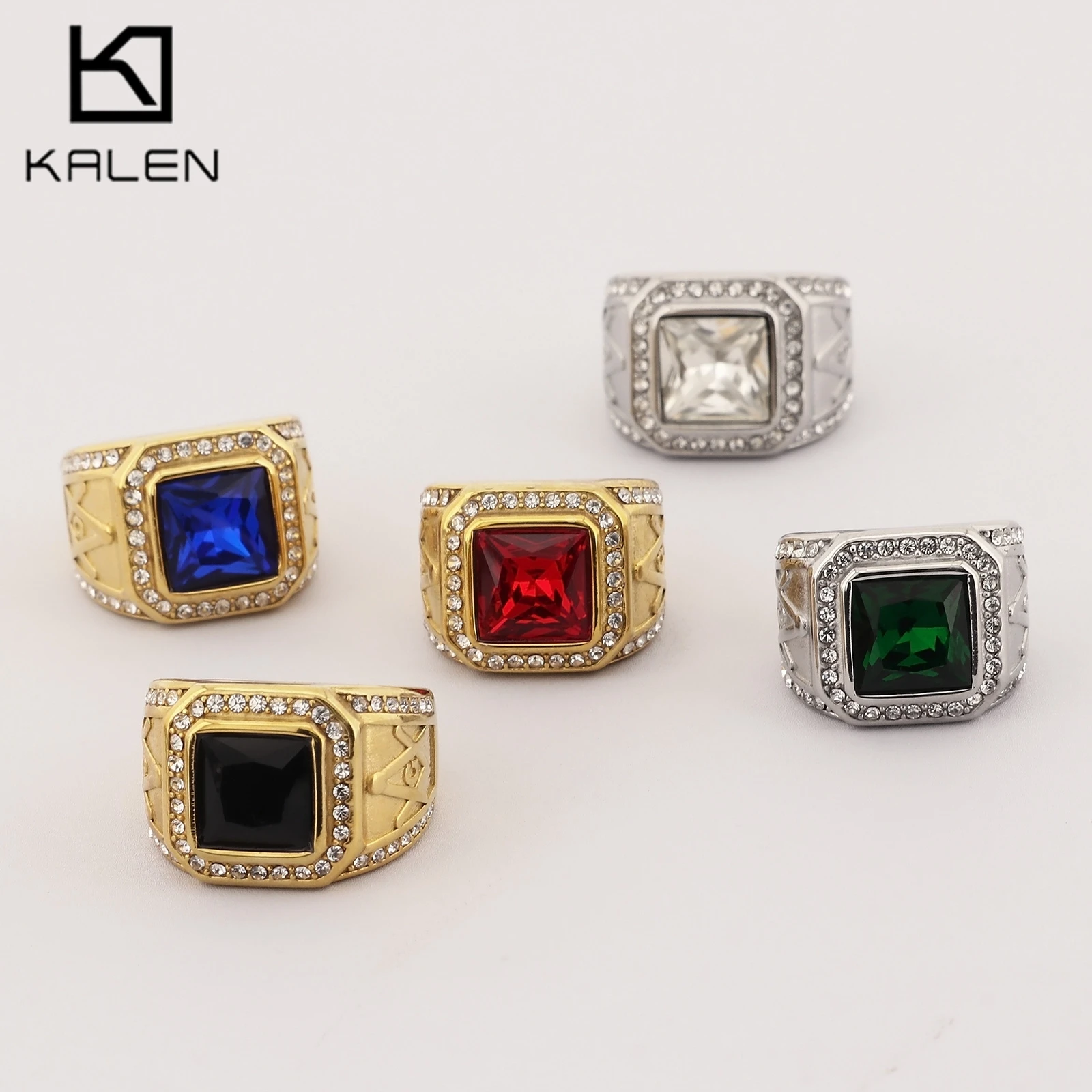 KALEN Hip Hop Blue/Black/Red Stone Ring For Men Rhinestone Square Finger Ring Gold Color Accessories Trendy Jewelry Gift