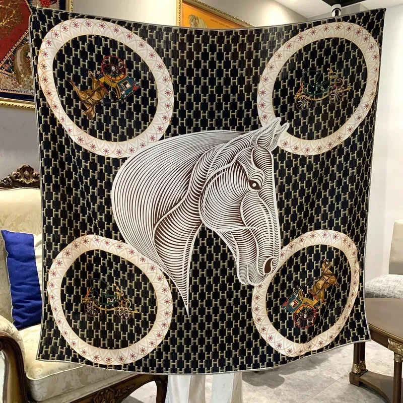 High-end Elegant Women Exquisite Horse Head Double-sided Print Quality Silk Wool Hand-rolled Edge Warm Large Square Scarf Shawl