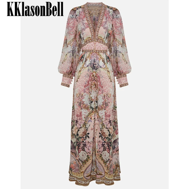 

1.11 KKlasonBell Women 100% Silk Elegant Split Long Dress 2024 V Neck Long Sleeve Heavy Beaded Rhinestone Retro Print Dress