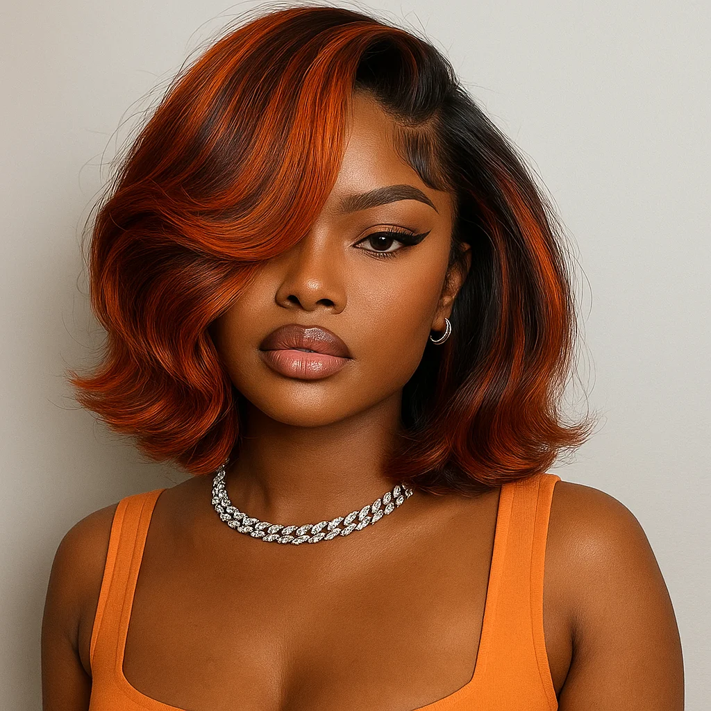 Peruka Bob Krótka z Włosów Naturalnych Ombre Brąz z Pasemkami w Kolorze Imbiru, Krótkie Peruki z Falą Body Wave z Przedziałkiem 13x4, Gotowe do Założenia, Bez Kleju, dla Kobiet