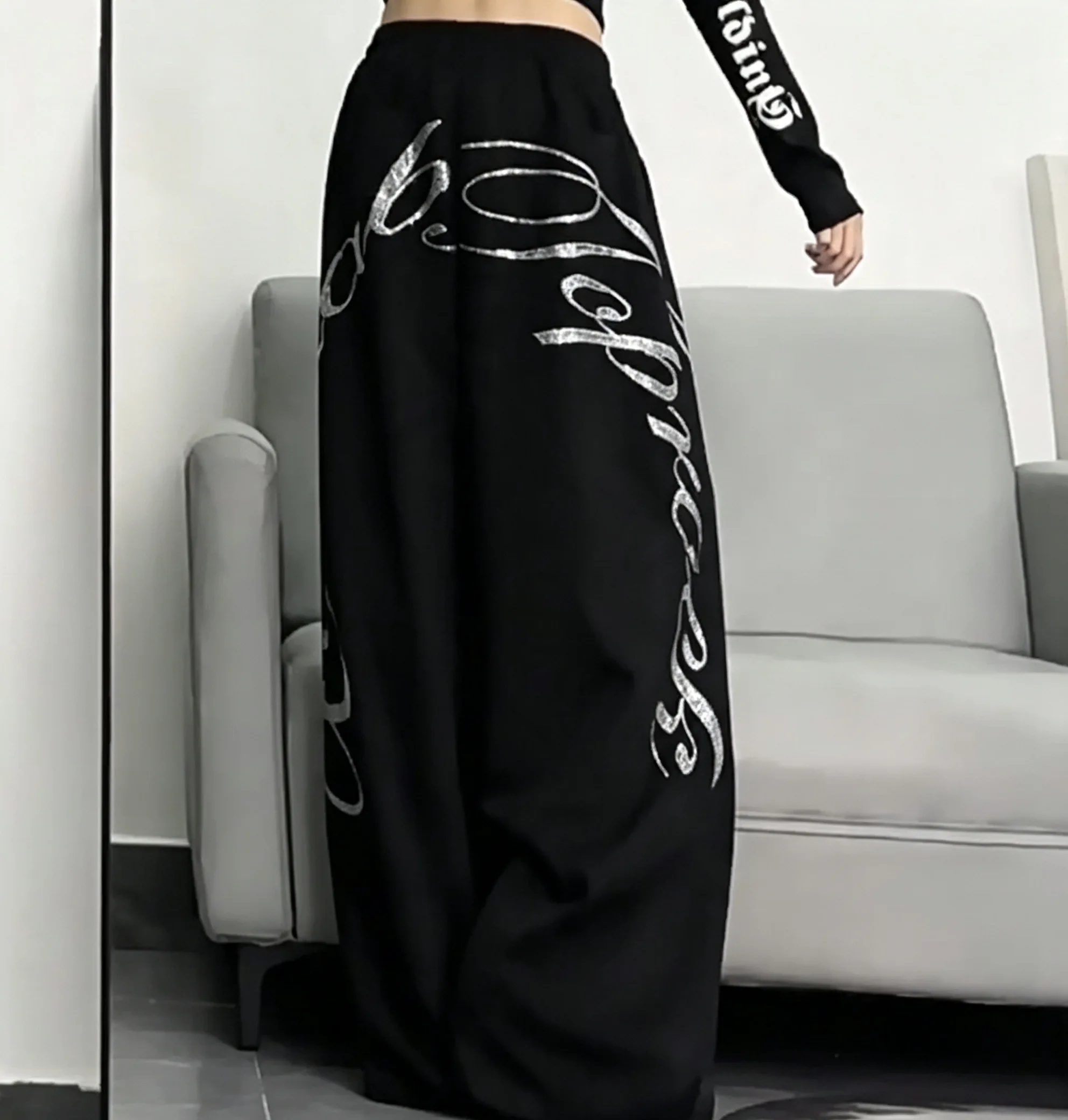 y2k trendy hip-hop hot diamond black sports pants wide-leg pants for women new hip-hop jazz dance pants couple style