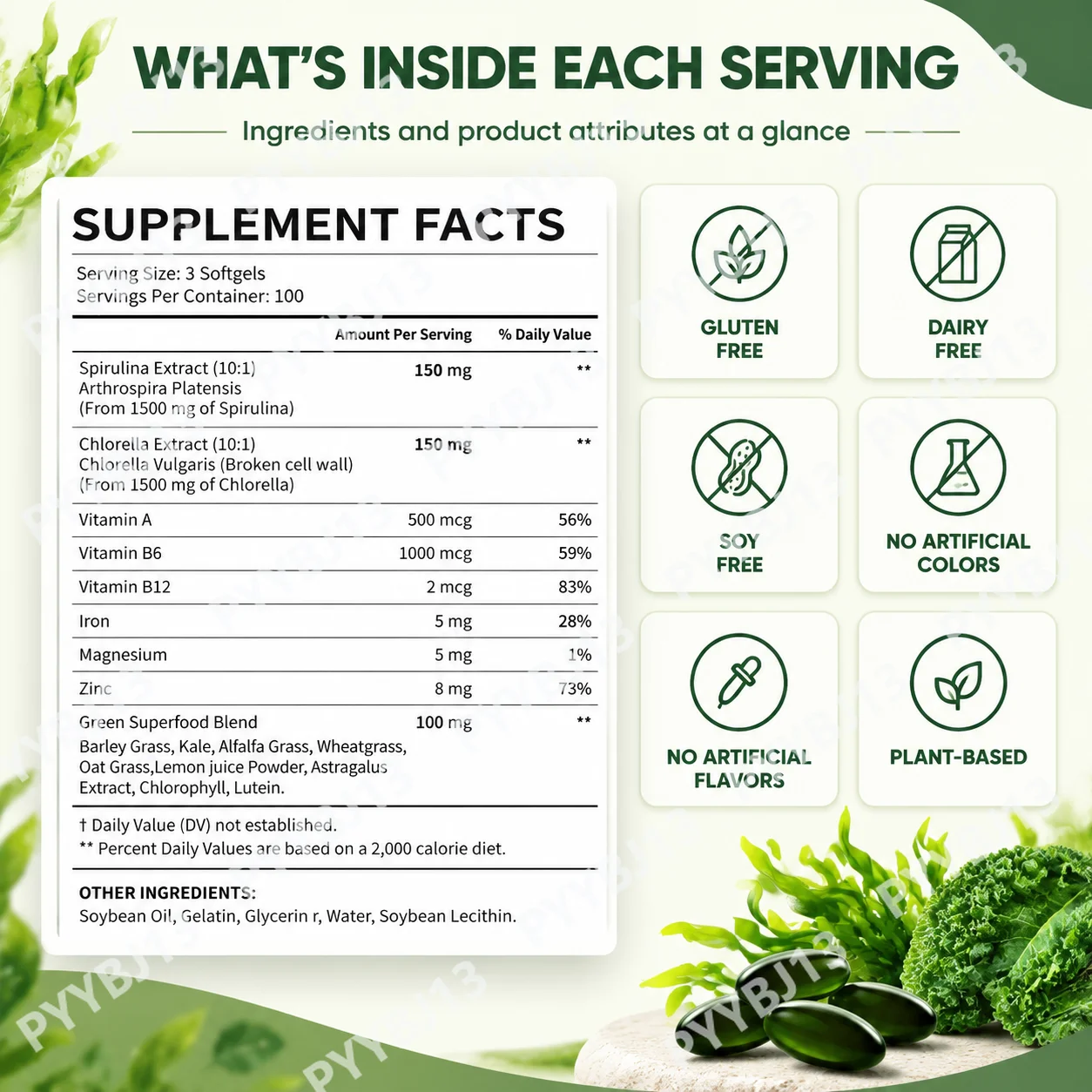 Chlorella Soft Capsules Provide Natural Energy Enhance Body Vitality and Strengthen Immunity Spirulina Algal Oil 60 for 30 Days