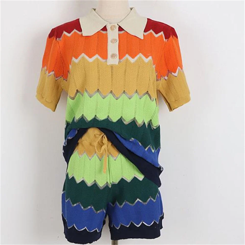 

stripe color matching two-piece summer new loose lapel knitted short-sleeved women's suit