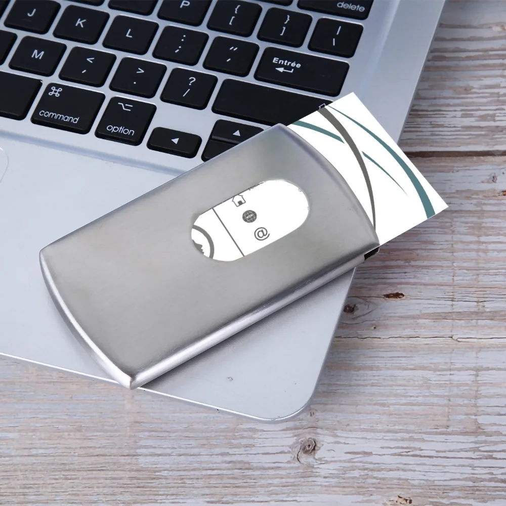 Stainless Steel Business Card Holder Portable Hand Push Type Business Card Organizer Slideout Mechanism Slim Design