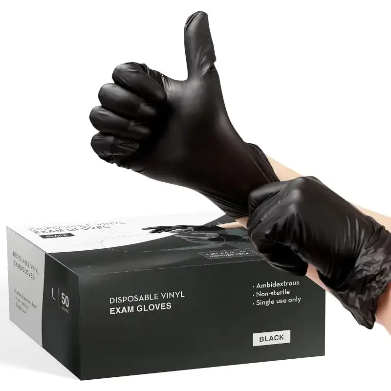 Guantes desechables de vinilo negro, sin polvo ni látex