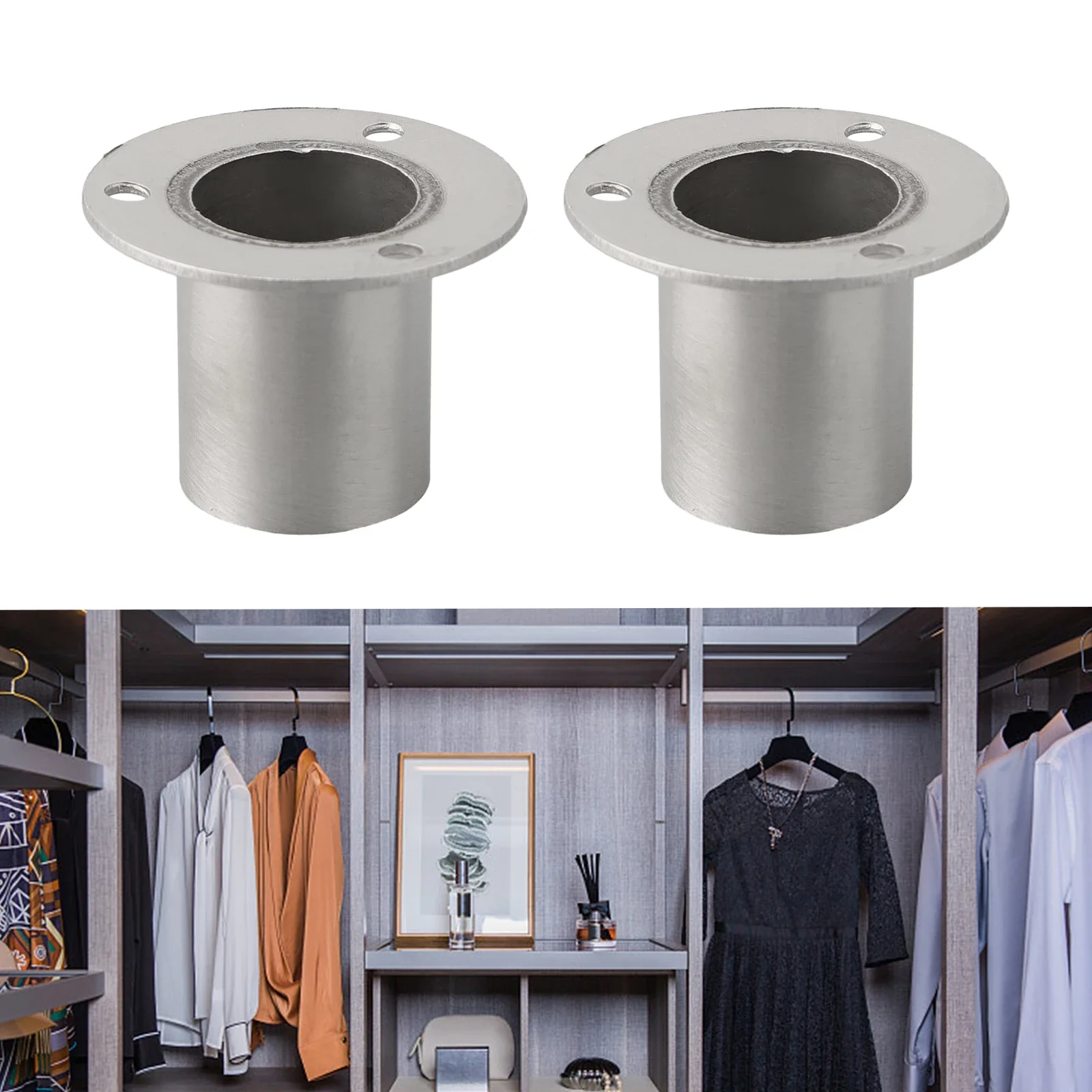 2pcs Flange Socket  Stainless Steel Pipe Bracket For Wardrobe Curtain Cloth Rod Seat Round Tube Seats Bracket Household Hardware image 3