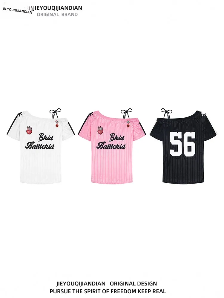 Retro American Bae Bedrucktes asymmetrisches Oulder-T-Shirt Damen Sommer Spicy Girl Sle Casual Top Streetwear Loose Fit...