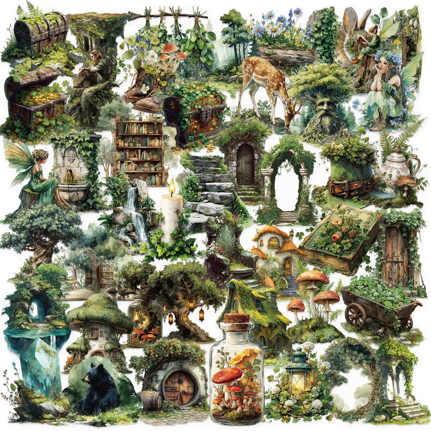 

50PCS Green Forest Trees Grass Cartoon Style Transparent PET Doodle Decorative Guitar Laptop iPad Waterproof Sticker Kids Toy