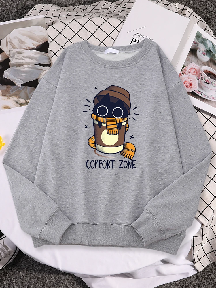 Ladies Sweatshirts Milk Tea Is A Comfort Zone For Black Cats Print Top Female Fashion Pullover Autumn Kawaii Animal Womans Hoody