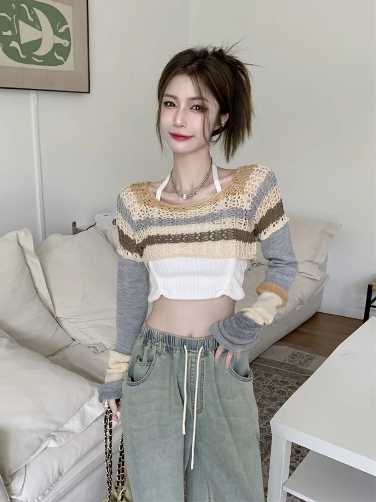 Cropped Panelled Smock Striped Pullovers Y2k Clothes Harajuku Ulzzang Casual Sweaters All-match for Ladies Pull Femme Ropa Mujer