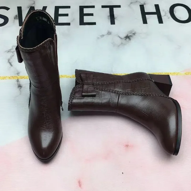 Versatile Zipper Mid Sleeve Boots for Women Winter New Style Plush Warm Bowknot Round Head Leather Fashion Boots for Women’s