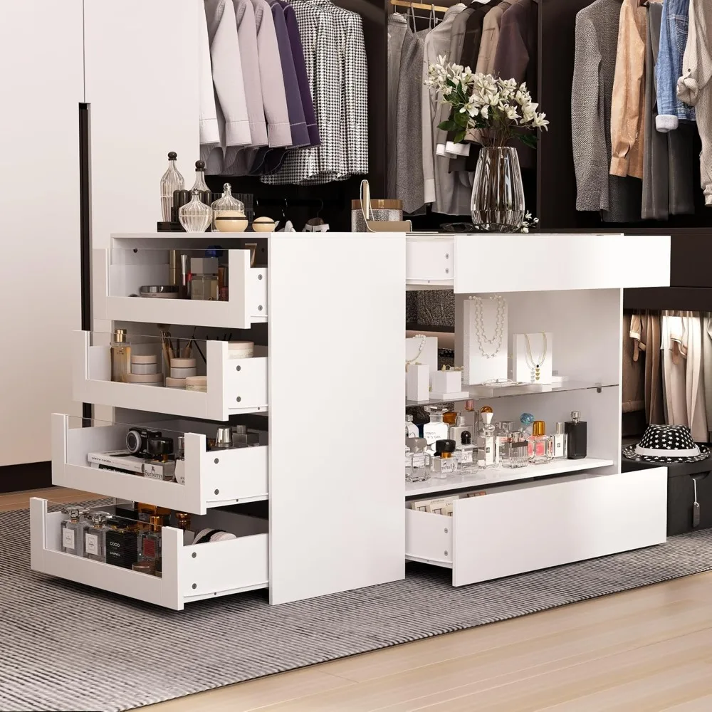 

Display Cabinet Island with Glass Top and Front, Walk in Closet Organizer with 7 Drawers and 2-Tier Shelf, Shop Display Case