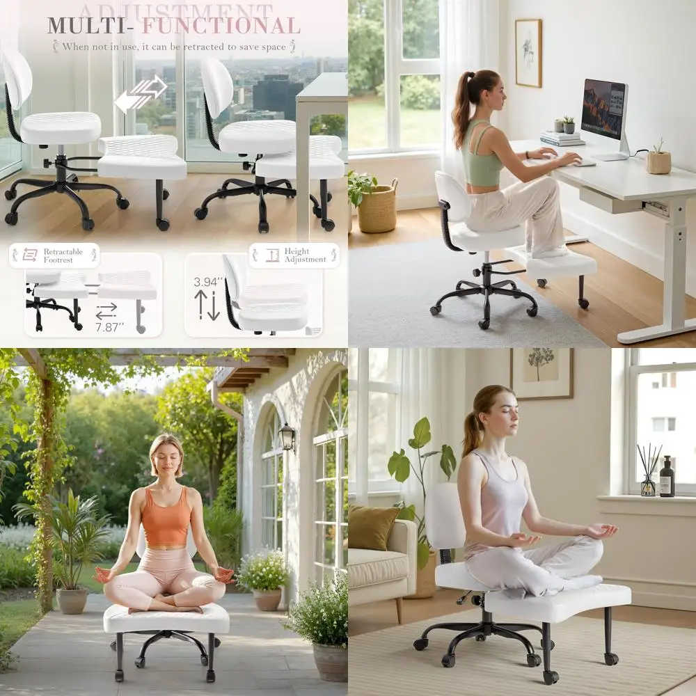 

Swivel Ergonomic Kneeling Chair with Adjustable Height and Footrest, White Leather for Office, Yoga, Meditation