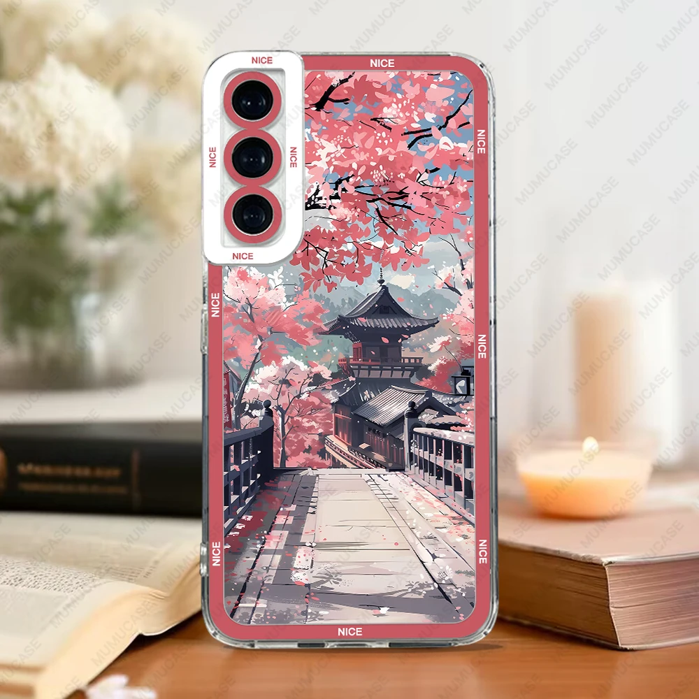 Phone Case For Samsung Galaxy S20 S21 S22 S23 S24 FE Plus Ultra A54 A53 A52 5G TPU Soft Cover Japanese Landscape Cherry Blossoms