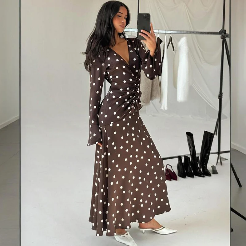 

Tornova Polka dot Print Flare Sleeve Dress Female V neck Draw Rope Slim Long Dress Elegant Autumn 2025 New Female Party Dress