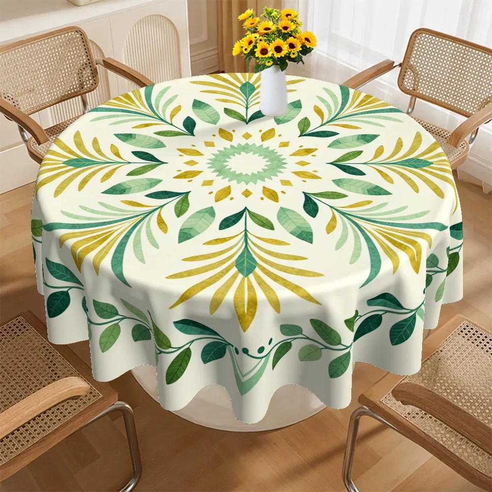 Round tablecloth | Green and yellow natural theme leaf pattern, polyester material, suitable for birthdays, weddingsxzj