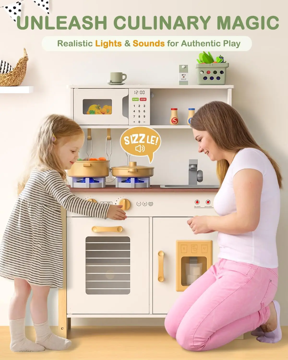 Ensemble de jeu de cuisine en bois pour enfants, lumières réelles, sons, cuisinière, évier, four, enfants à partir de 3 ans, accessoires, 30 pièces