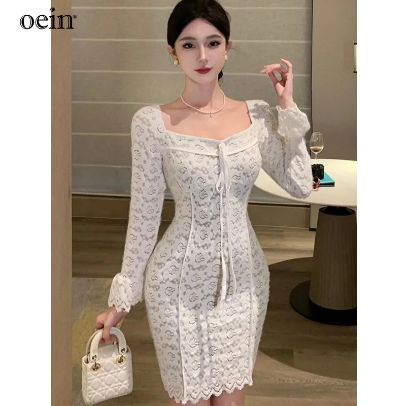 [oein]New Autumn And Winter White Brushed Lace Long Sleeved Slim Fit Hip Hugging Dress