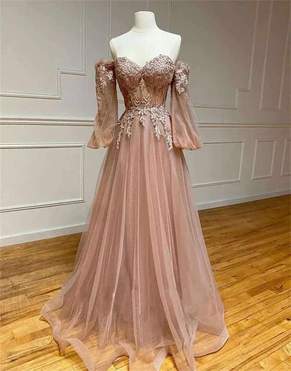 Elegante Puffy Sleeve Prom Dresses, Sexy A Line Gown com requintado bordado de renda, vestido de noite para ocasiões especiais, querida