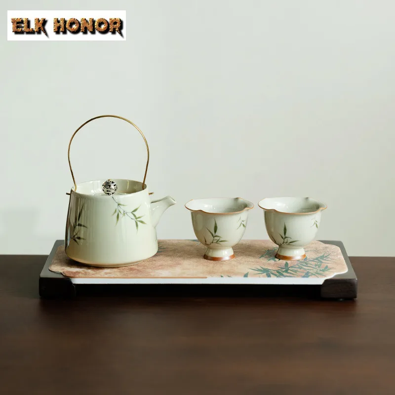 

Hand-painted Bamboo Lifting Handle Teapot Tea Set Complete Set Retro Tea Ceremony Set Teapot And Tea Cup Set Tea Items Ornaments