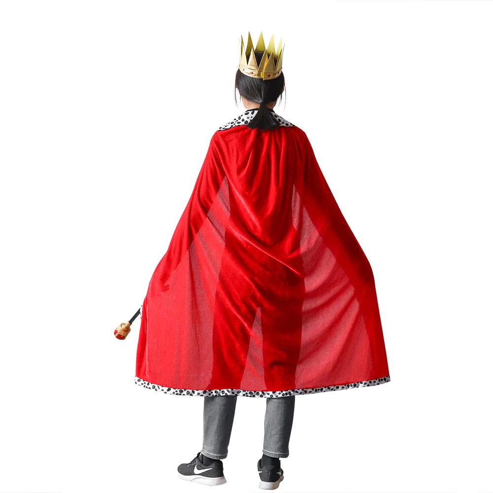 Halloween Adult King Red Cloak Costume Kids King Prince Robe Crown Velvet Cape Children Birthday Party Cosplay Accessory Suit