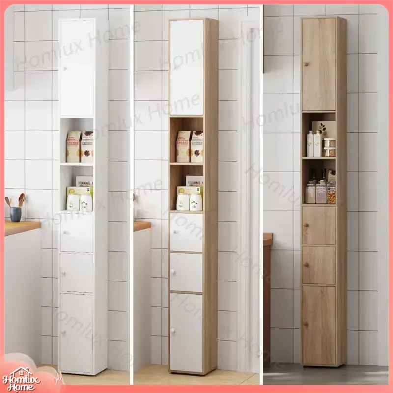 Tall Slim Bathroom Cabinet with 4 Doors and 2 Open Shelves Narrow Storage Unit Space Saving Modern Bathroom Furniture Wall