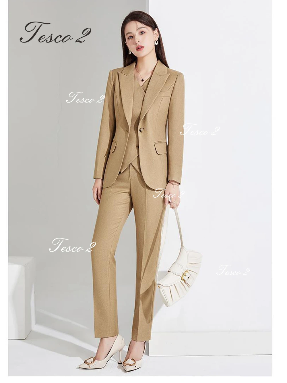 Camel – costume 3 pièces pour femmes, Chic et élégant, tenue de bureau, à la mode, pour fête de mariage