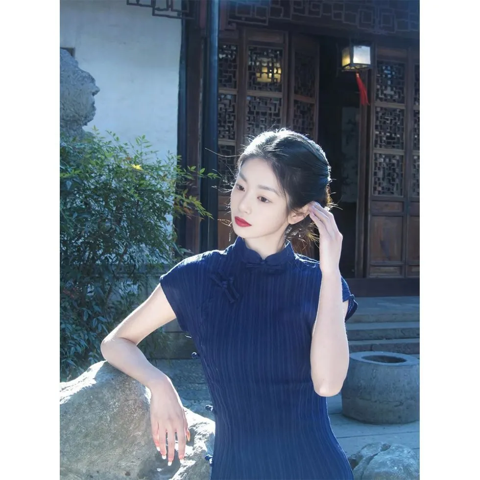 

Traditional Chinese Style Navy Blue Cheongsam for Women Summer Retro Qipao Summer Sleevelsss Party Dress Вечерние Платья CH-105