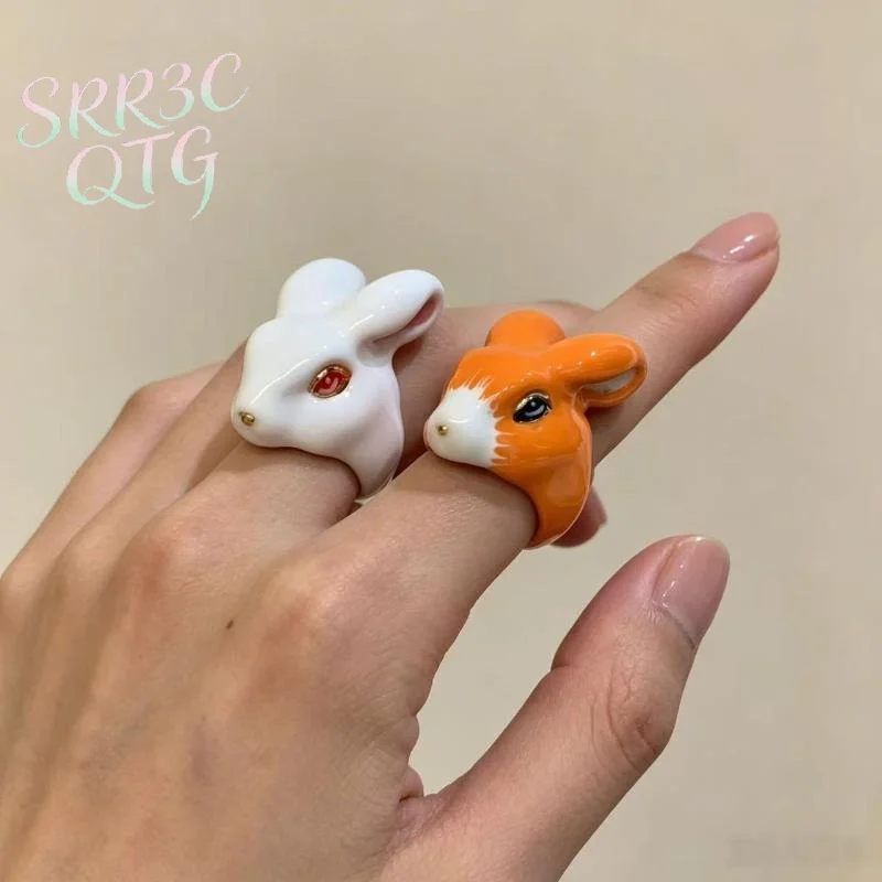 Hot Sale 1PCS Retro Enamel Cute 3D Rabbit Open Suitable Ring For Women High End Daily Party Holiday Jewelry Accessory