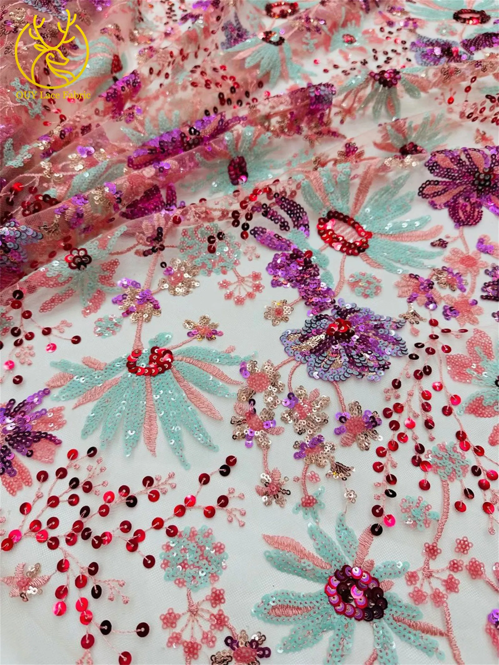 5 Yards des neuesten afrikanischen Pailletten bestickten Spitzenstoffs, hochwertiger französischer nigerianischer Mesh-Tüll-Spitzenstoff, Partykleid – Detail 5
