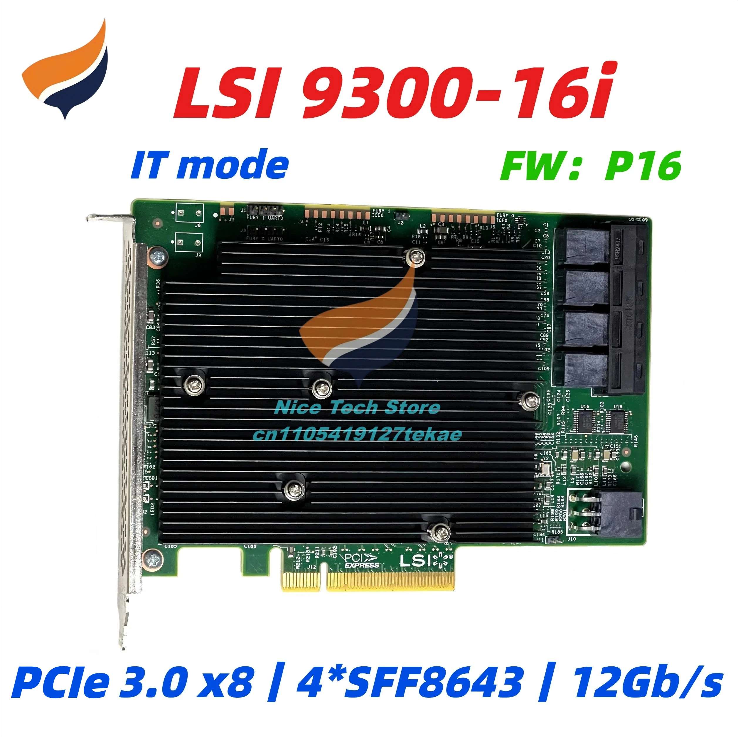 LSI 9300-16i P16 IT Mode HBA 16P 12G SAS/SATA PCIe3.0 x8 SFF-8643 for Server JBOD NAS