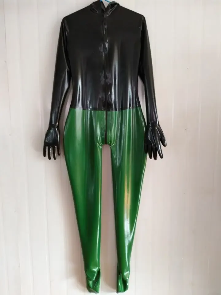 

Latex Gummi Grün&Schwarz Catsuit Anzug Kostüm Gloves hood zip Sock 0.4mm S-XXL