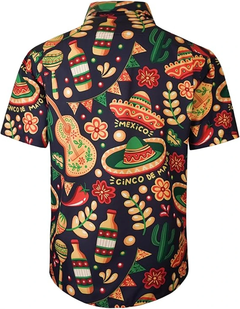 قمصان رجالي حفلة مكسيكية إبداعية ثلاثية الأبعاد مطبوعة بلايز صيف جديد هاواي عادية فضفاض بدون جيوب قميص قصير الأكمام جودة عالية #5