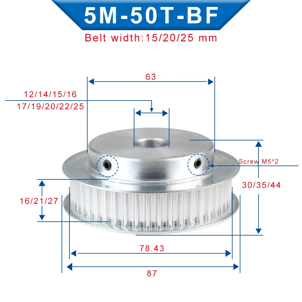 Timing Pulley 5M-50T  Bore Size 12/14/15/16/17/19/20 mm Aluminum Pulley Circular Arc Tooth For 5M Rubber Belt Width 15/20/25 mm