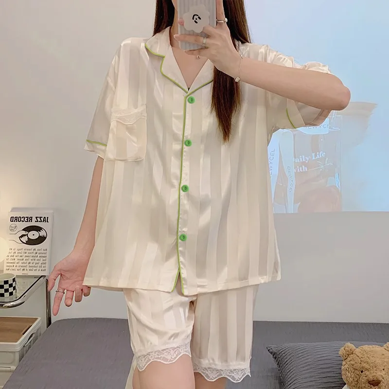 

Striped Women Pajamas Set Pijama Silk Satin Pyjamas Women Loungewear Lapel Short-sleeved Homewear Ice Silk Summer Pajamas Woman