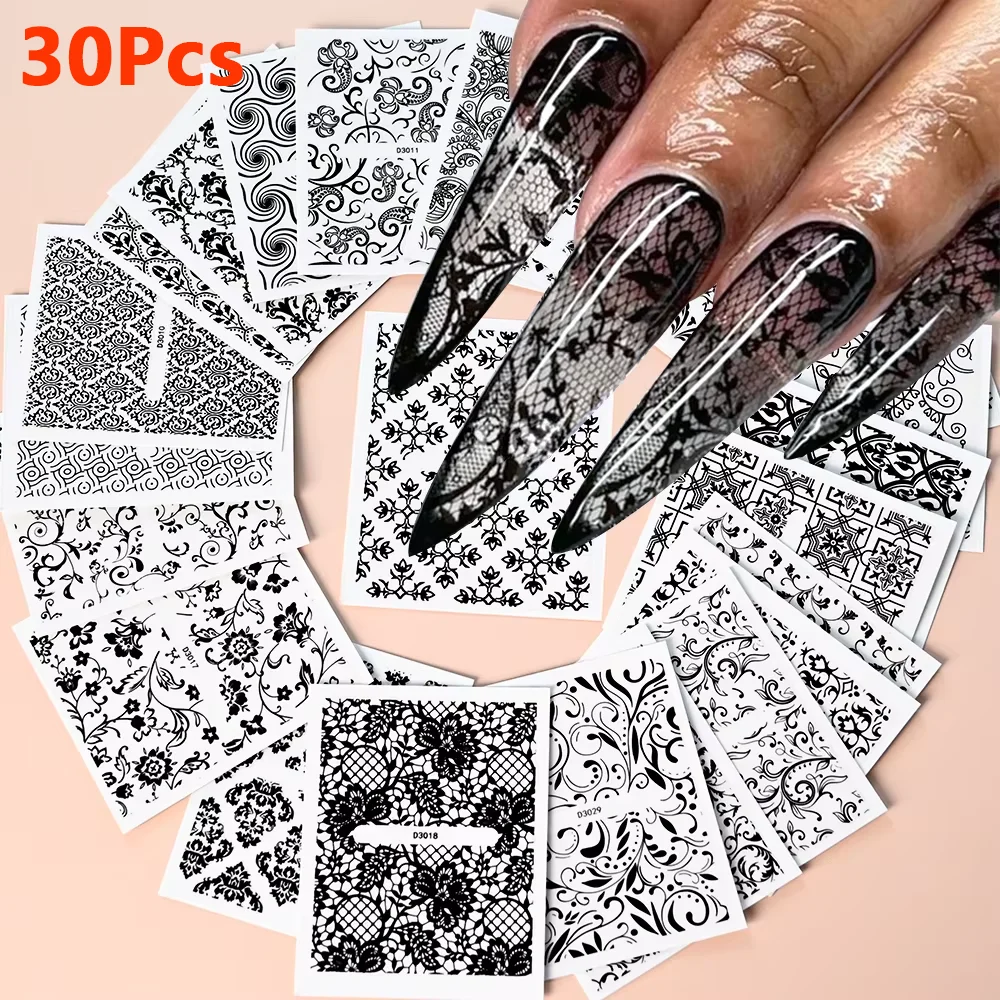 30Pcs Black/White Lace Flower Nail Art Stickers 5.2*6.2cm Stripe/Line/Floral Self-adhesive Slider Wedding Luxury Manicure Decals