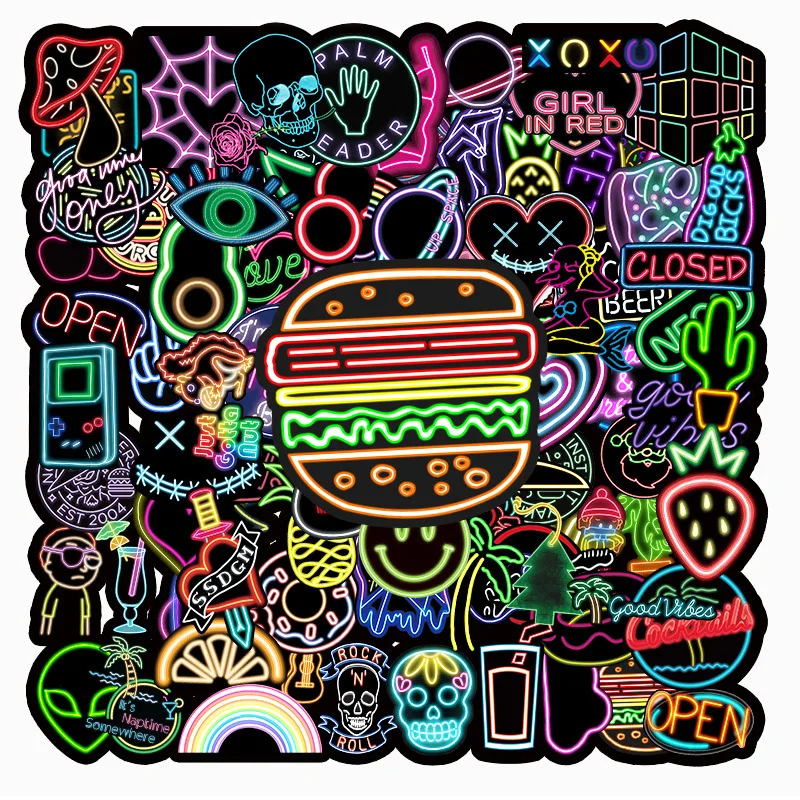 100Sheets Cartoon Creative Color Neon Doodle Stickers Suitcase Helmet Refrigerator Notebook Stickers Children's Gift Toys
