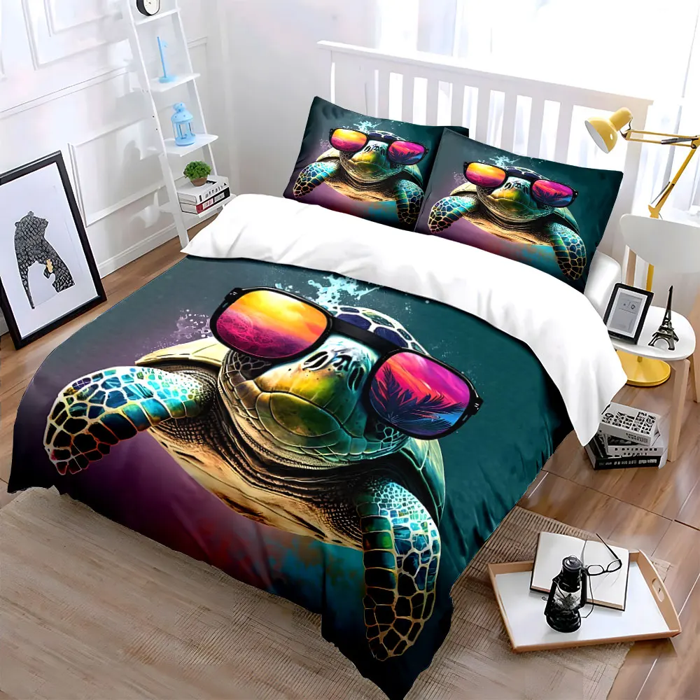 3pcs Cool turtle with vibrant sunglasses Pattern Duvet Cover Set Digital Print Colorful Polyester Bedding with Zipper Closur