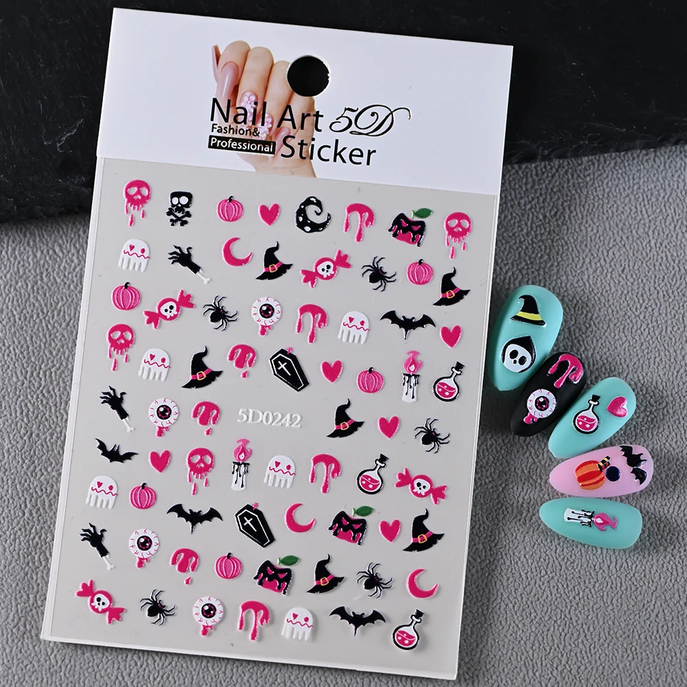 5D In Rilievo Sveglio Fantasma Pipistrello Zucca Halloween Adesivo Per Unghie Rosa/Verde/Nero Cartoon Adesivo Decalcomanie Per Unghie Halloween Decorazione Del Chiodo