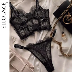 Ellolace-Conjunto de lencería Sexy, ropa interior de encaje de lujo, sujetador erótico y bragas transparentes, Sexy, traje sexual desnudo