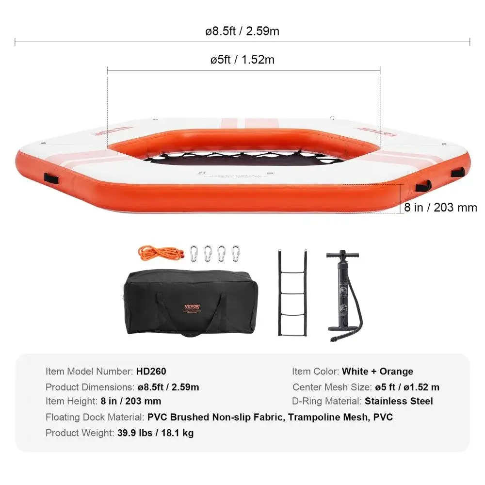 แท่น8.5FT ลอยน้ำได้พร้อม5FT ตาข่ายแทรมโพลีนสำหรับสระว่ายน้ำแผ่นรองกันลื่นแบบพกพากระเป๋าบันไดแบบถอดออกได้สำหรับ
