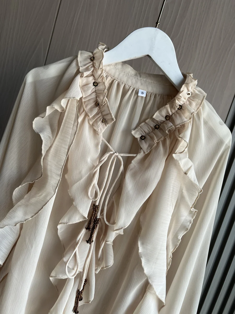 ETJ Spring 2025 New  Women\'s Fashion Translucent fabric beaded rivets decorated V-neck lace ruffled romantic shirt