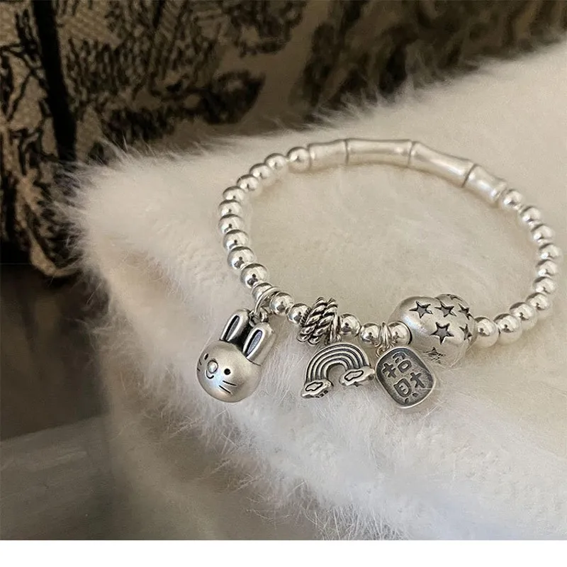 BOCAI 2023 New S925 Sterling Silver Luxury Niche Design Beaded Bamboo Rabbit Bracelet Girls