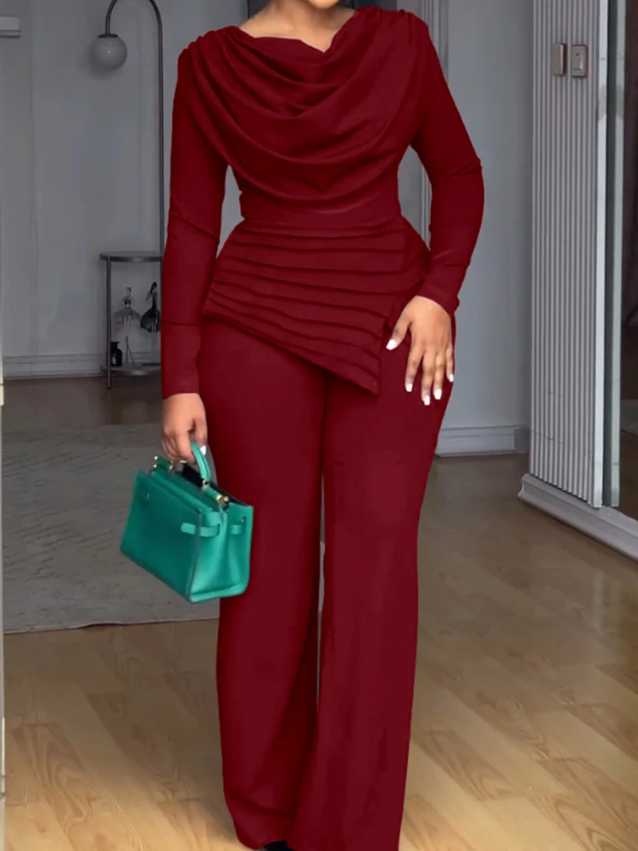 Asymmetrical Patchwork Ruched Jumpsuit Casual Zipper Back Straight Leg Jumpsuit