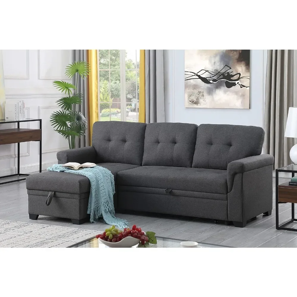 84" W Linen Reversible Sleeper Sectional Sofa with Storage Chaise