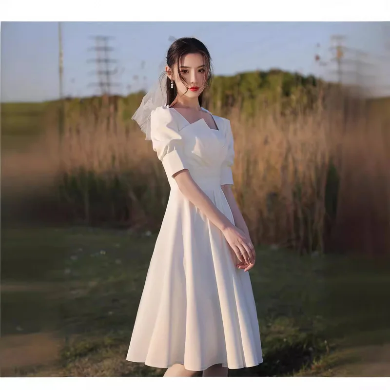 Mid-Length White Bridesmaid Dress2024New Summer Girlfriends Clothes Chorus Group Daily Style Dress