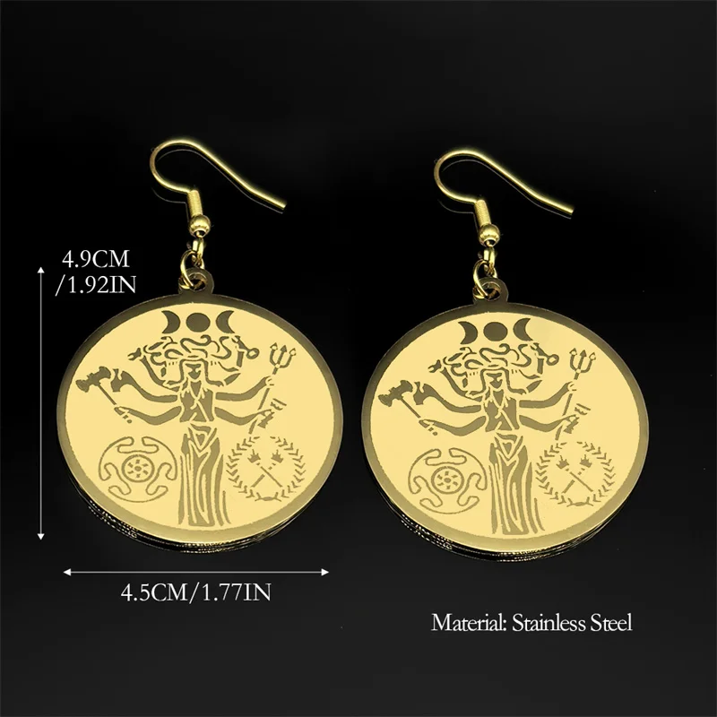 Wicca Triple Moon Goddness Hekate Wheel Torch Dangle Earrings For Women Men Stainless Steel Gold Color Snake Trident Jewelry