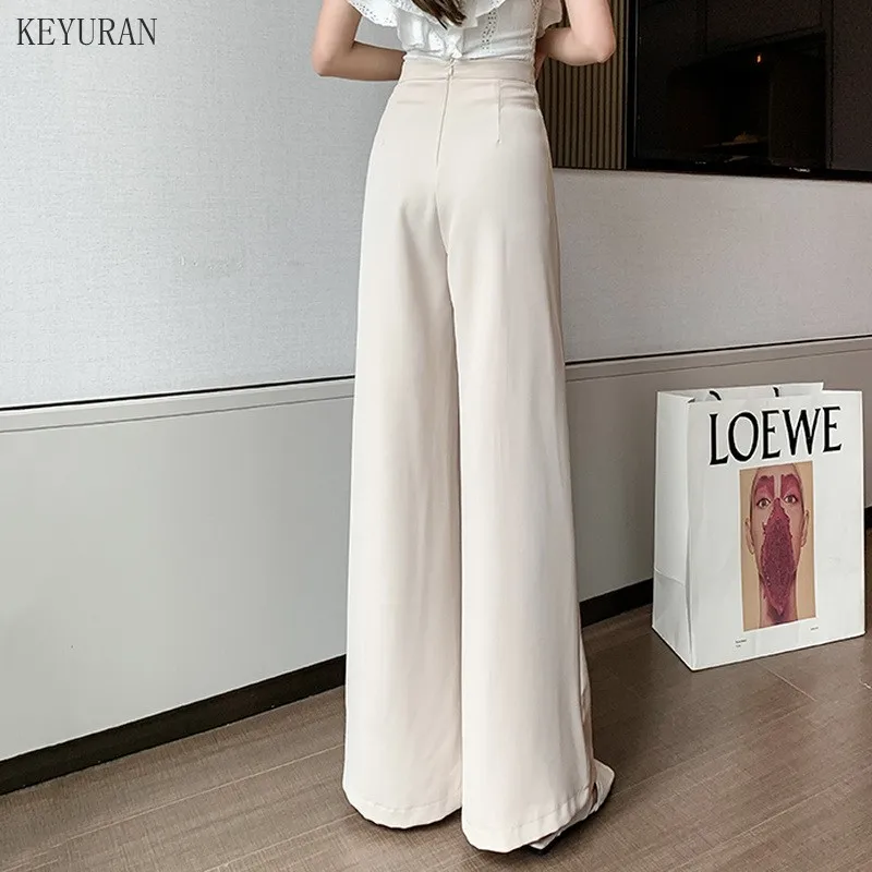 Women Spring Summer New Elegant Button High Waist Wide Leg Pants Female Fashion Casual Full Length Office Lady Trouser Apricot