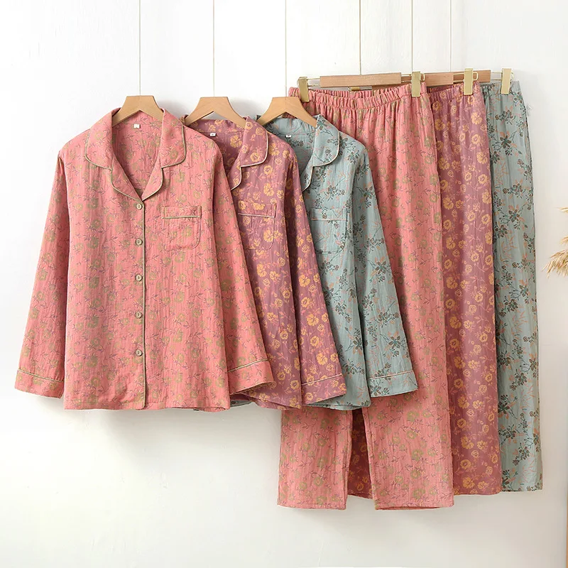 Spring/autumn Retro Cotton Double Gauze Pajamas Chinese Ethnic Style Jacquard Long-sleeved Home Clothes Lapels Loungewear Women